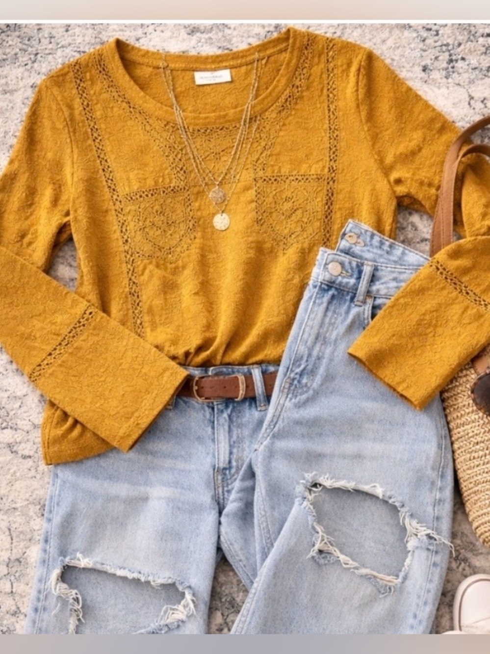Anthropologie Boho Mustard Lace long sleeved tee